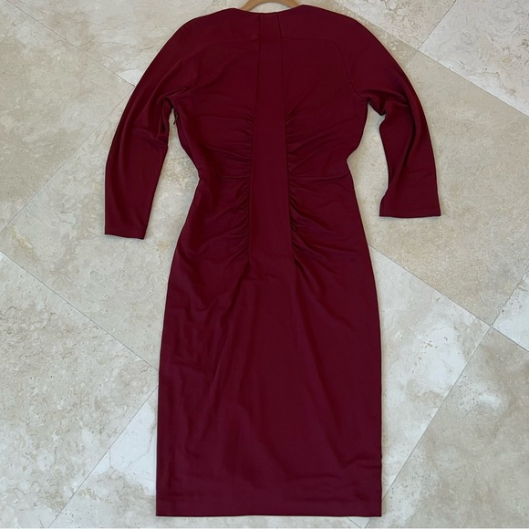 Roberto Cavalli V Neck Burgundy Gathered Accents Midi Sheath Dress - Picture 5 of 11